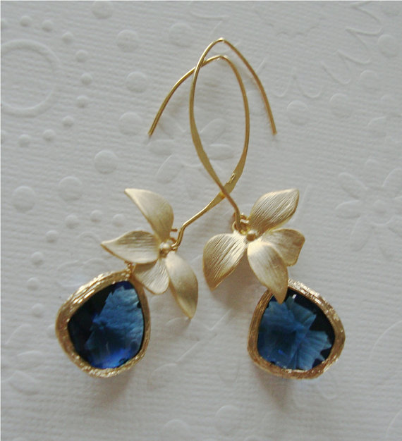 زفاف - Vermeil Gold Dangle Earrings / orchid jewelry / Blue sapphire / Long earrings / Flower / wedding gift / Bridesmaids gift