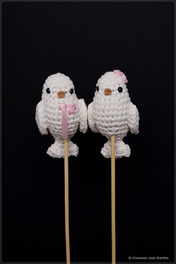 زفاف - No 8 - Crochet bird wedding cake topper - Crochet bride and groom birds - Wedding cake topper - Love birds- 3" height birds