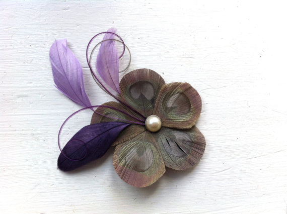 زفاف - GINA Iris Gray, Lavender, and Purple Grape Peacock Feather Flower Hair Clip, Fascinator