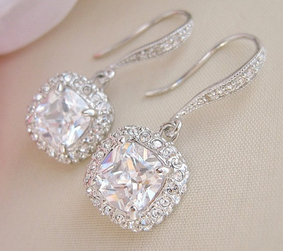 Свадьба - Square Bridal Earrings Wedding Earrings Crystal Bridal Jewelry Cushion Cut Dangle Earrings