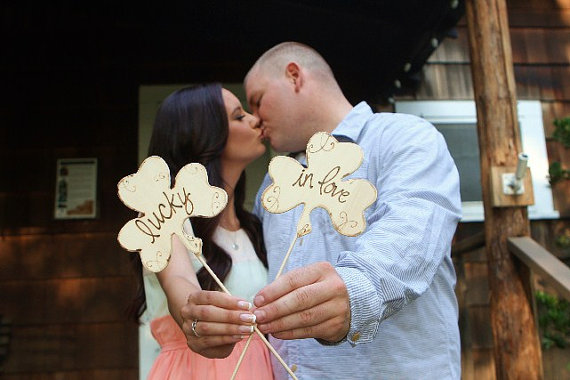 Wedding - Wedding Cake Toppers Photo Prop Shamrock Clovers Lucky in Love Wood Signs Rustic Shabby Chic Engagement Props Photo Shoot St. Patricks Day