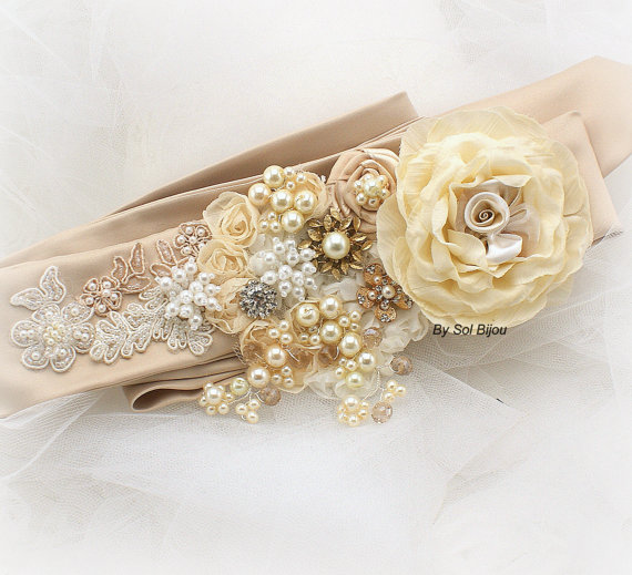 Hochzeit - Bridal Sash- Wedding Sash in Champagne, Tan, Gold and Ivory with Pearls, Vintage Brooch and Handmade Flowers