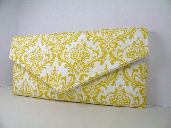 Wedding - Envelope Clutch/Evening Bag/Purse/Handbag/Wedding/Bridesmaid Gift--Sun Yellow and White MADISON Damask