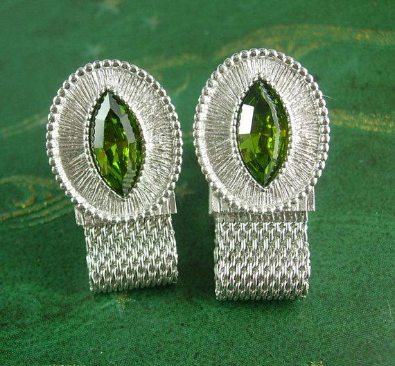 Mariage - Filigree Elegant peridot Cufflinks Vintage Deco faux Green Rhinestone Wrap Mesh Wedding silver Formal Wear Cuff Jewelry Swank