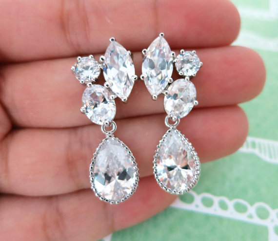 زفاف - Delphia - Cubic Zirconia Three Shape Post Earrings with Clear White Teardrop, Bridesmaid Jewelry, Bridal Earrings, Wedding Earrings