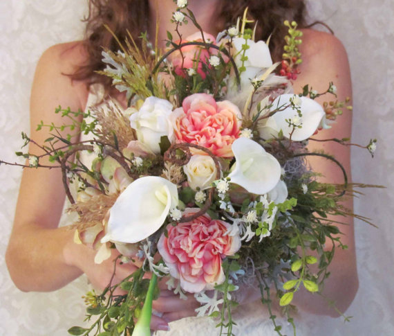 زفاف - Pink Rustic Wedding Bouquet with Boutonniere