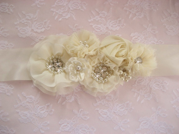 Hochzeit - Wedding Sash Wedding Sash 3D Ivory or White Bridal Sash Elegant and Classic Pearls chiffon