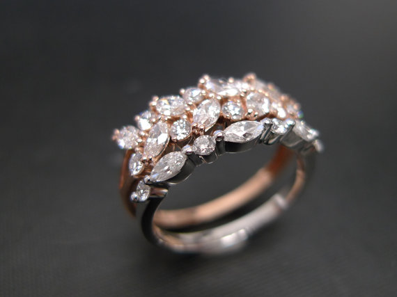 Wedding - Set of TWO Marquise Diamond Engagement Ring and Wedding Band