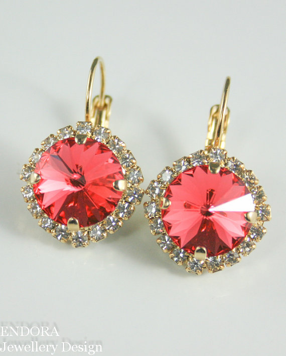 زفاف - Bridesmaid earrings, Crystal leverback earrings, Watermelon pink earrings, Padparadscha earrings, Gold leverback earrings, Wedding jewelry