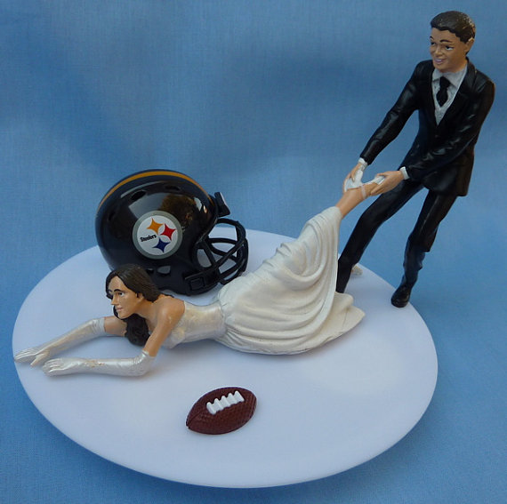 Wedding - Wedding Cake Topper Pittsburgh Steelers G Football Themed w/ Garter, Display Box