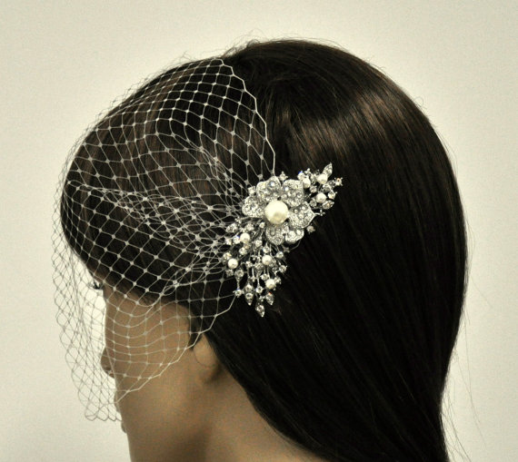 Mariage - birdcage veil and a bridal comb (2 Items) -  Swarovski Pearls Comb,Wedding comb,bridal headpieces , rhinestone bridal Hair comb