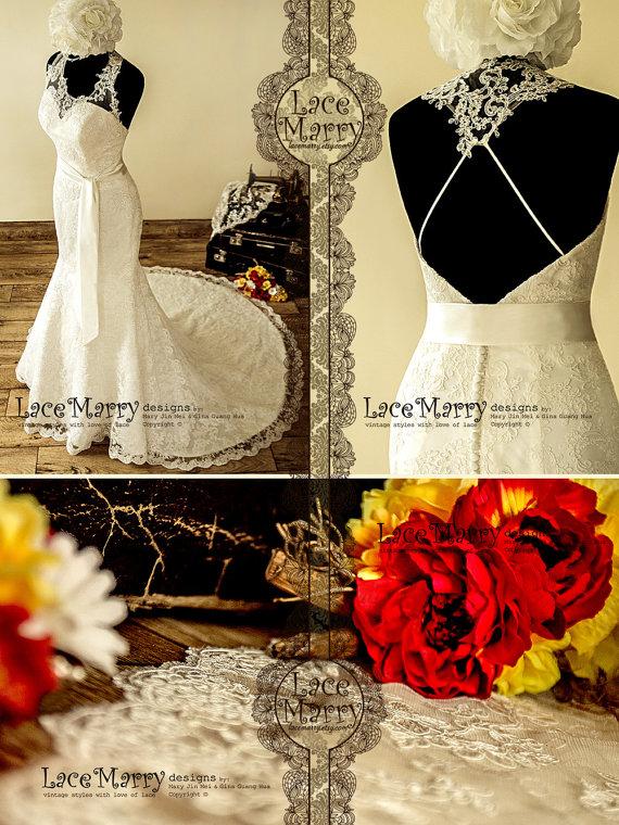 Свадьба - Extraordinary Asymmetric Illusion Neckline Lace Wedding Dress with Chapel Train Featuring Spaghetti Straps Across V-Cut Back and Satin Sash