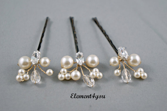 Hochzeit - Pearl Hair Clips, Bridal Hair Pins, Wedding Hair Accessories, Swarovski Pearl Wedding Hair Pins, Set of 3, Floral Vine, Rhinestone hair clip