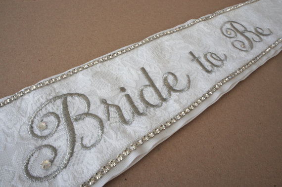 Свадьба - Silver and White Lace Rhinestone Bachelorette Sash - Sparkly Bride to Be Sash