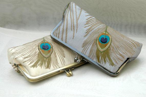 زفاف - Embroidered Peacock Clutch- Ivory, Gold or Silver Wedding Clutch