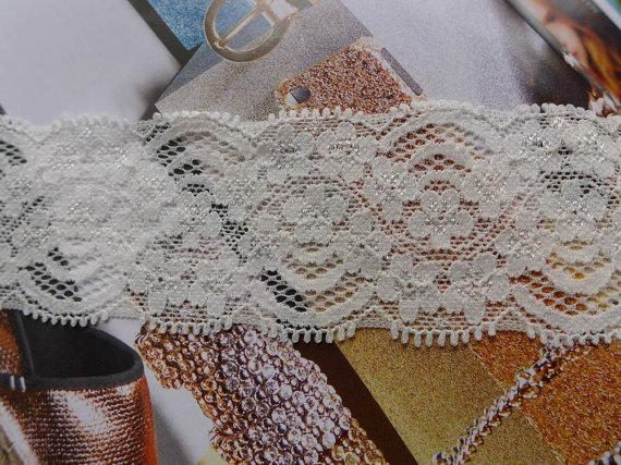 Wedding - 1.77" wide Off-white Stretch Lace Trim, Floral Elastic Lace Headband, Wedding Garters, Baby Christening