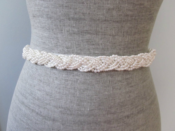 Свадьба - Pearl braid Beaded Sash / belt, Ivory or White beaded wedding sash, Nautical Knot sash