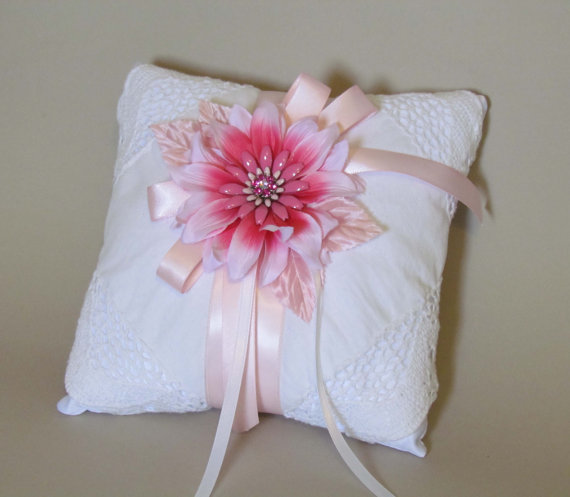 Wedding - Sale Priced...White & Pink Ring Bearer Pillow with Flower Rhinestone Brooch