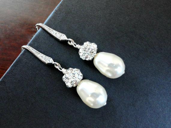 Wedding - Teardrop pearl earrings, Rhinestone and Pearl Dangle Earrings, Wedding Jewelry, Pearl Bridal Drop Earrings, Bridesmaid earrings