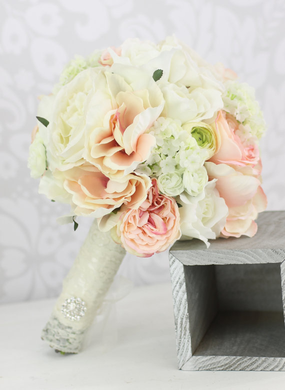 Свадьба - Silk Bride Bouquet Peony Flowers Pink Cream Spring Mix Shabby Chic Wedding Decor