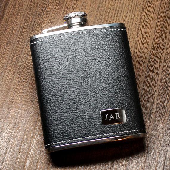 Hochzeit - The Eclipse Genuine Black Leather Flask by Gentleman's Vice- Personalized w Initials, Monogram, Names, Dates- Groomsmen Gift, Gifts for Men