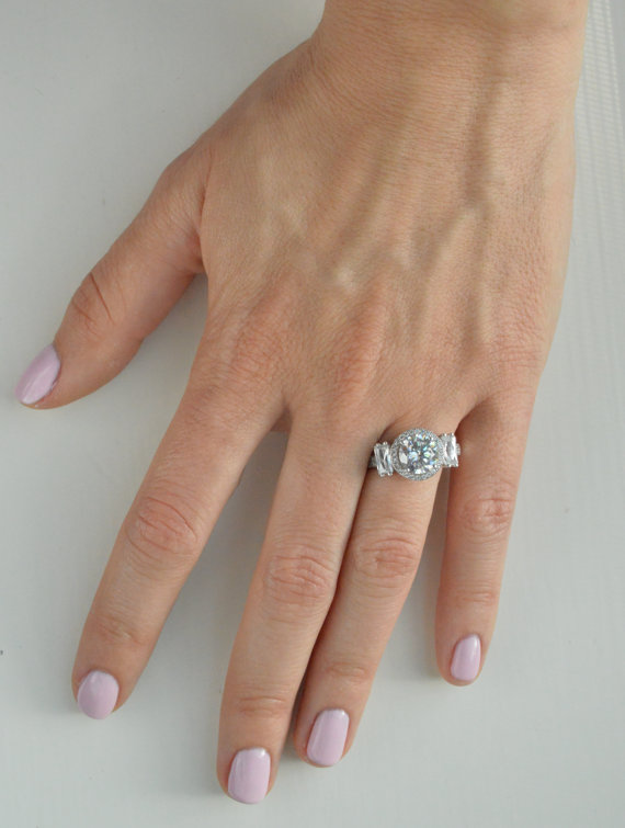 Hochzeit - Three Stone Halo Ring, Three Stone Engagement Ring, 3 Ct Round Solitaire, Round Halo Ring, Emerald Baguette, Wedding Ring, Bride