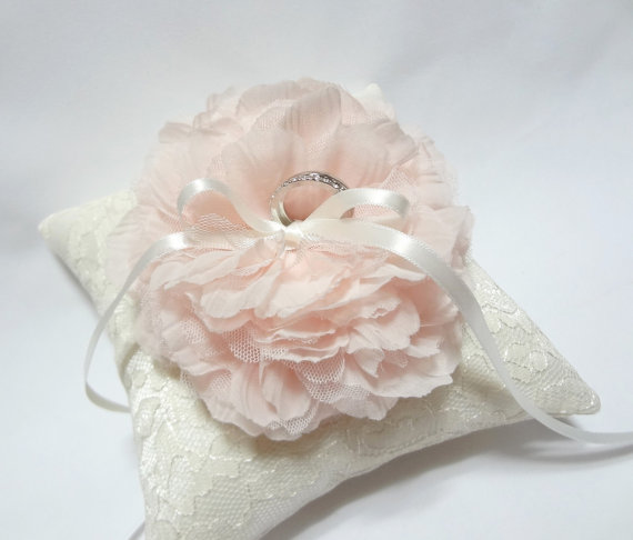Hochzeit - Wedding ring pillow -  wedding bearer ring pillow, ivory lace ring pillow, light pink bloom on ivory lace ring pillow, wedding ring pillow