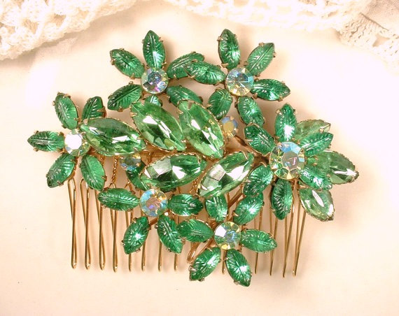 Hochzeit - Vintage Mint Rhinestone Gold Bridal Hair Comb, Spring Green Large Floral Brooch to Garden Wedding Headpiece, Sage Rustic Woodland Accessory