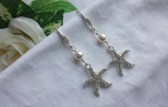 Hochzeit - Silver Crystal Rhinestone Starfish Earring Wedding Jewelry Beach Starfish Theme Bridal Ear Ring
