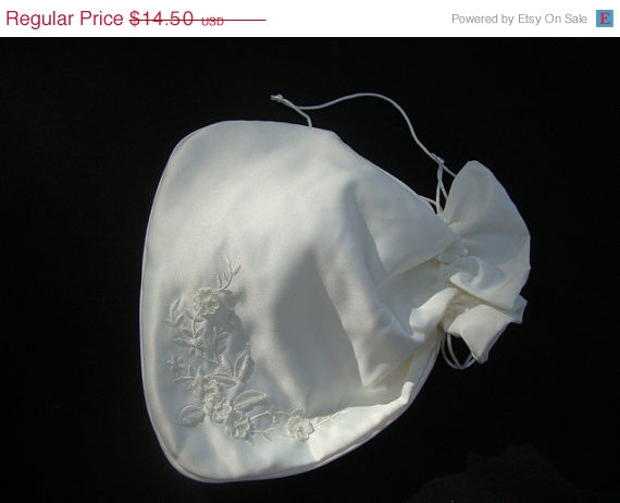 Hochzeit - 3DAY SALE Vintage Bridal Satin Drawstring Pouch Purse with Embroidery Appliques Beads for Flower Girl Flower Petals Lingerie Vintage Wedding