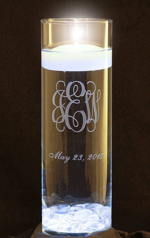 Hochzeit - Personalized 3 Letter Monogram Wedding Floating Unity Candle and Vase