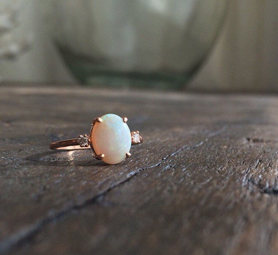 Wedding - Opal Ring, Opal Engagement Ring, 14k Opal Ring, Opal Diamond Ring, Unique Engagement Ring, Past Present Future Ring, Anniversary Ring, Opal