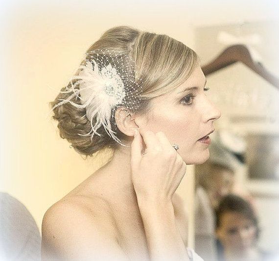 Wedding - Wedding Fascinator Vintage Style Bridal Hair Fascinator Feathers French Net Lace Jewel Choice - Feathered Fascinator Bridal Hair Clip