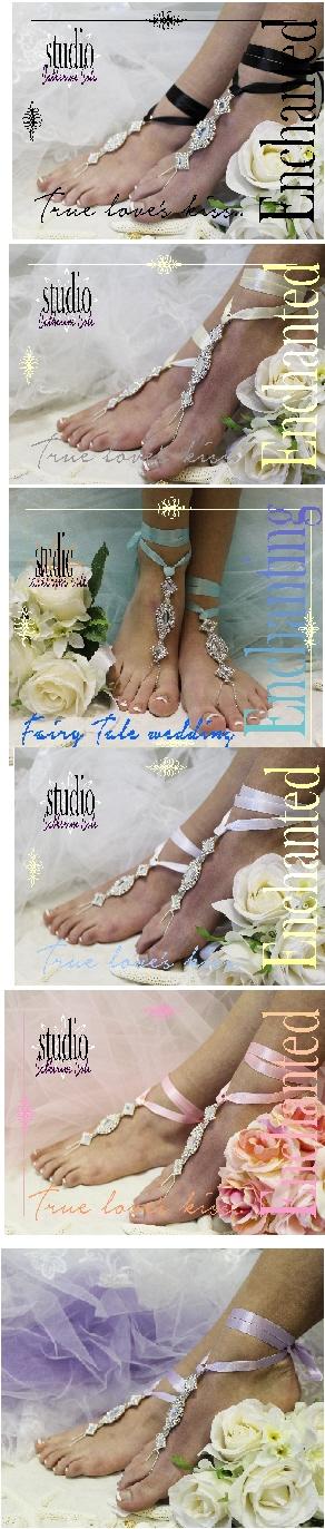 Mariage - Rhinestone ribbon barefoot sandals for beach wedding