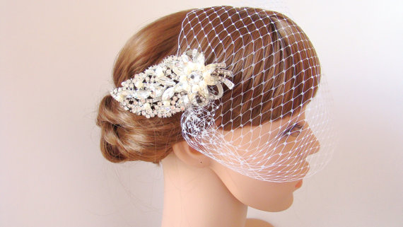 Hochzeit - Bridal Birdcage Veil with Comb Rhinestone Birdcage Mini Veil - Wedding Veil Blusher Veil Leaf Hair Comb