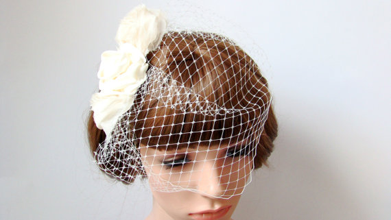 زفاف - Wedding Veil Birdcage Veil - Bridal Veil Bridal Headpiece with 3 Fabric Flower, Bird Cage Veil French Netting Veil