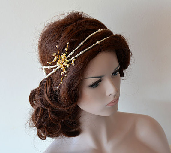 Hochzeit - Wedding Pearl Headband, Bridal Headband, Pearl Headband, Gold Flower Bridal Double, Bridal Hair Accessory, Wedding Accessory