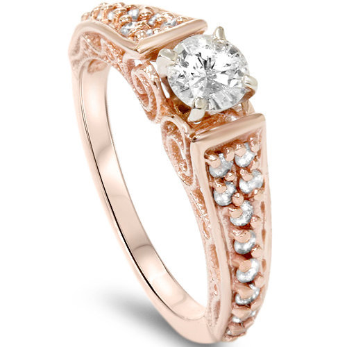 زفاف - Vintage .60CT Diamond Rose Gold Engagement Ring 14 karat Filigree Art Deco Antique Style Size 4-9