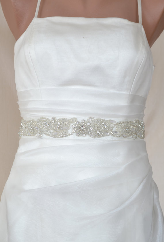 Hochzeit - Elegant Silver Beadwork and Rhinestone Beaded Wedding Dress Sash Belt