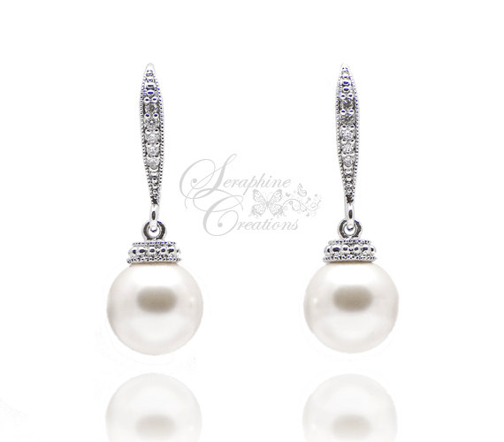 زفاف - Pearl Wedding Earrings Wedding Jewelry Bridal Earrings Swarovski Pearls Cubic Zirconia Simple Classic Bridesmaid Gifts White Ivory/Cream