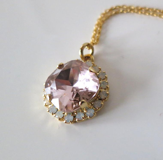 زفاف - Vintage Pink & White Opal Rhinestone Necklace Gold Pink Blush Swarovski WeddingNecklace, 12mm stone, Bridal Statement Jewelry