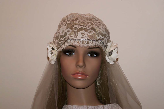 Wedding - Great Gatsby Vintage Couture Chantilly Lace Bridal cap-Rhinestone Trim- Veil-CRBoggs Original Design