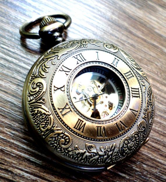 Hochzeit - Bronze Gold Mechanical Pocket Watch with Vest Chain Personal Gift Engravable Groomsmen Gift Clearance  Ships from Canada