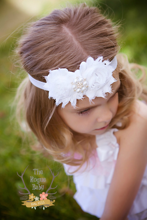 زفاف - White Headband Pearl Rhinestone -  Flower Girl - Newborn Infant Baby Toddler Girls Adult Wedding