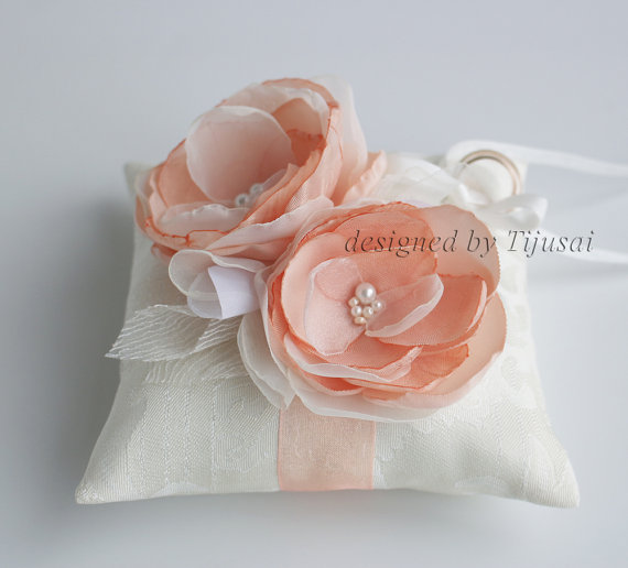 Hochzeit - Ivory Wedding ring pillow with 2 pink/peach flowers ---wedding ring pillow , wedding pillow, ring cushion, ready to ship