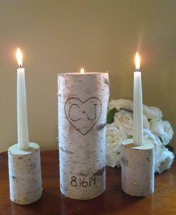 Hochzeit - Personalized  Birch Bark Unity Candle 10" Tall with Two 4" Tall Birch Candle Holders Rustic Wedding