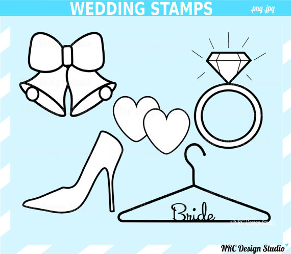 Свадьба - SALE - Engagement Party Clip Art - Classic Wedding Stamps Clip Art - Wedding Stamps Clipart - Bell, Shoe, Diamond Ring, Bride Hanger