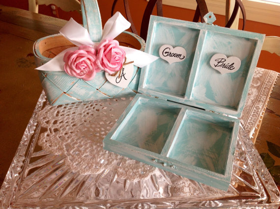 زفاف - Rustic Flower Girl Basket/ Ring Bearer Box, Pillow/ SET. Tiffany Blue Wedding.