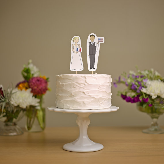 Hochzeit - Bride and Groom with Flags - Wedding Cake Topper