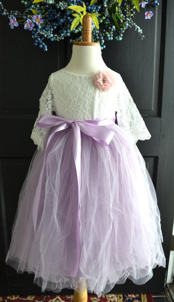 Wedding - Flower girl Tutu dress, Lilac Lavender Long Tulle Skirt lace blouse, Purple Tutu, Skirt blouse set , Girls Tutu, Flower girl dress